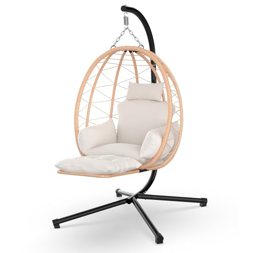 Slendor Egg Chair with Stand & Leg Rest, Rattan Wicker Swing Chair with UV Resistant Cushion and Pillow, for Indoor Outdoor Bedroom Patio Hanging Basket Chair 370lbs Capacity