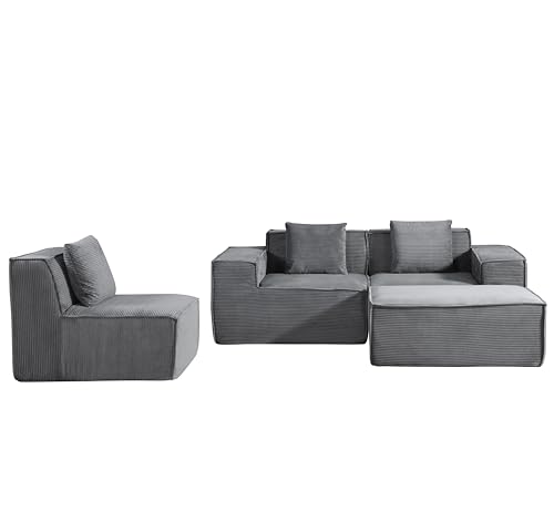 Container Furniture Direct Rowan Convertible Corduroy Sectional Couch with Ottoman & Pillows, Modular L Shaped Sleeper Sofa, Boneless Cloud Couch for Living Room Furniture, Dark Grey Container Furniture Direct