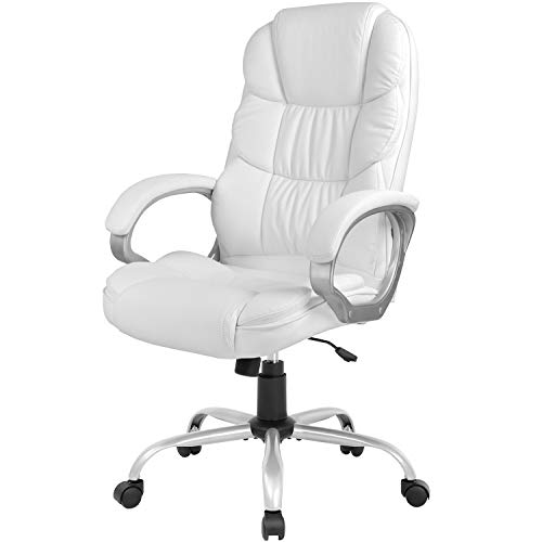 Office Chair Computer High Back Adjustable Ergonomic Desk Chair Executive PU Leather Swivel Task Chair with Armrests Lumbar Support (White) FDW