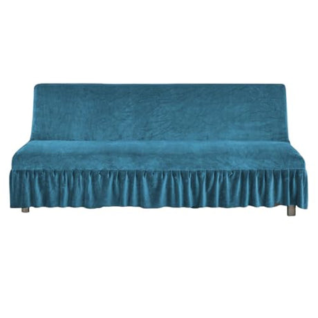 Daunkang Stretch Armless Futon Cover with Skirt Ruffled Sofa Bed Slipcover Washable Folding Futon Sofa Covers Furniture Bed Protector with Elastic Bottom for Kids Pets Large Lake Blue Daunkang