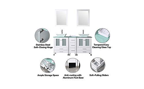 wonline 60" White Double Wood Bathroom Vanity Cabinet and Round Ceramic Sink w/Mirror Combo Wash Basin with Faucet (Round Bowl) wonline