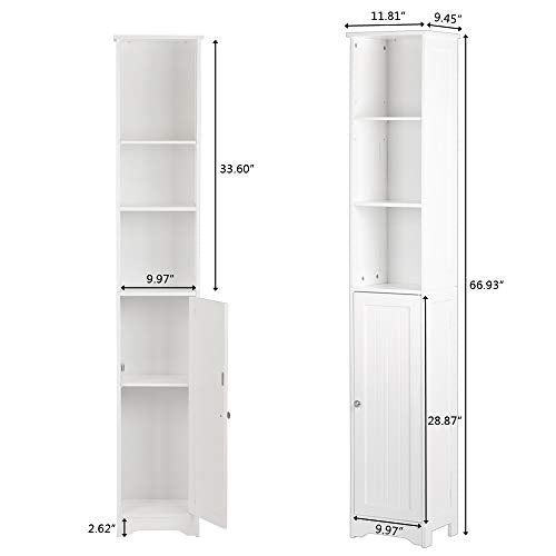 Bonnlo Narrow Cabinet, 67" Tall Slim Bathroom Storage Cabinet 12" Wide White Skinny Linen Cabinet with 3 Open Shelves Single Door Adjustable Shelf Space Saving Corner Pantry Bonnlo