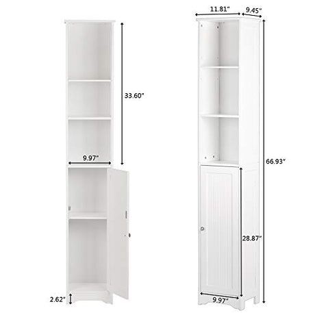 Bonnlo Narrow Cabinet, 67" Tall Slim Bathroom Storage Cabinet 12" Wide White Skinny Linen Cabinet with 3 Open Shelves Single Door Adjustable Shelf Space Saving Corner Pantry Bonnlo