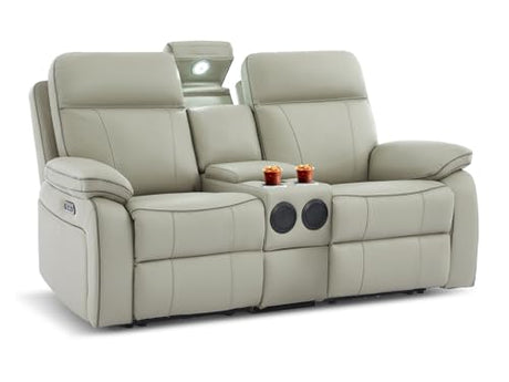 RIHEREFY Power Reclining Loveseat with LED Reading Light, Breathable Leather Loveseat Recliner Sofa RV Wall Hugger Double Recliners with Bluetooth Speaker/Drawer/USB/Type C (Gray, 2 Seater) RIHEREFY