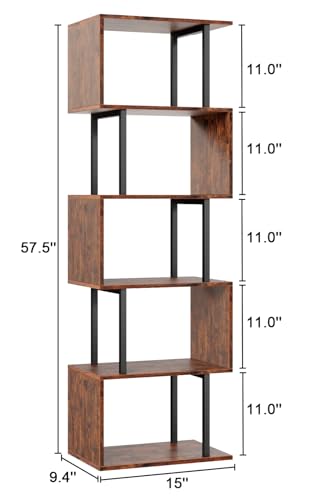 Furologee 6-Tier S-Shaped Geometric Bookshelf - Industrial Freestanding Display Unit in Rustic Brown - WoodArtSupply