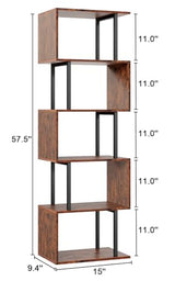 Furologee 6-Tier S-Shaped Geometric Bookshelf - Industrial Freestanding Display Unit in Rustic Brown Furologee