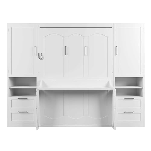 Merax Full Size Murphy Bed with Desk, Multifunctional Foldable Wall Bed with Closet, Drawers and Shelves, Space-Saving Wood Platform Bed Frame for Small Spaces Studio Study Office Guest Room, White Merax