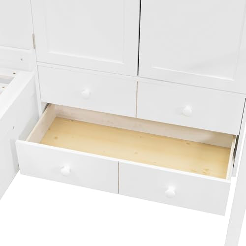 Ball & Cast Twin Size Bunk Bed with Hydraulic Bed & Storage Area,Wood Loft Beds w/Drawers and Wardrobe,Shelves,Space-Saving Bedframe w/Ladder,Full-Length Guardrail,for Apartment,Bedroom,White Ball & Cast