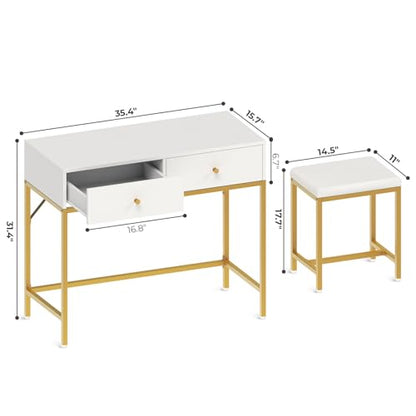 SUPERJARE 35.4" White and Gold Desk with 2 Drawers, Modern Makeup Vanity Desk with Padded Stool, Small Computer Desk Home Office Desk for Writing Study Bedroom - WoodArtSupply