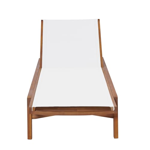 Christopher Knight Home Tristy Chaise Lounge Chair Outdoor, Acacia Wood Frame Sunbathing Pool Lounger, Adjustable Backrest Single Lounge Sofa, Patio Lounge Chaise for Poolside, White + Natural