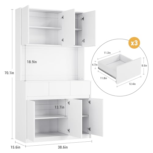 71" Kitchen Pantry Cabinet,Tall Storage Cabinet with Doors & Shelves Adjustable, Kitchen Storage Hutch with Microwave Shelf,Coffee Bar,Led Lights&Charging Station,Corner Pantry Cabinet for Living Room IDEALHOUSE