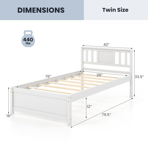 Giantex Wood Twin Bed Frames with Headboard, Mid Century Solid Wood Platform Bed with Wood Slat Support, Single Panel Bed, No Box Spring Needed, Twin Bed Frames for Kids, White Giantex
