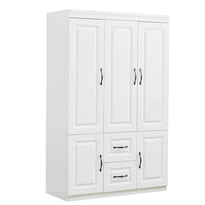 ModMakers 74''H Closet Wardrobe Closets 3 Doors Armoire Wardrobe Closet Wood White Storage Closet Wardrobe Cabinet Bedroom Armoires with Hanging Rod 2 Drawers Clothes Wooden Cabinet