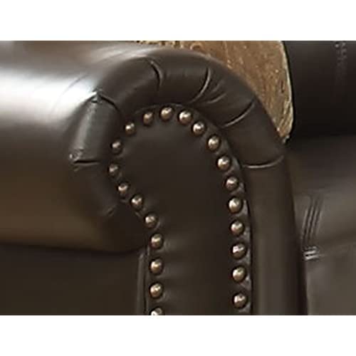 AC Pacific Louis Traditional Upholstered Leather Living Room Piece with Antique Brass Nail Head Trim, Sofa, Umber AC Pacific