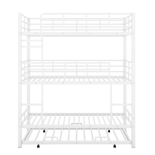 Triple Bunk Bed with Trundle Guardrail & Ladder Twin Size Metal, No Box Spring Needed, Easy Assemble Merax