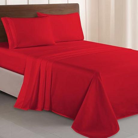 Elegant Comfort Luxurious 1500 Premium Hotel Quality Microfiber Three Line Embroidered Softest 4-Piece Bed Sheet Set, Wrinkle and Fade Resistant, King, Red Elegant Comfort