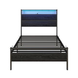 BOFENG Twin Bed Frame with Wood Headboard and USB Charging Station/LED Lights,Metal Single Platform Bed Frame Twin Size No Box Spring Needed,Heavy Duty Metal Slats Support,Noise Free,Black BOFENG
