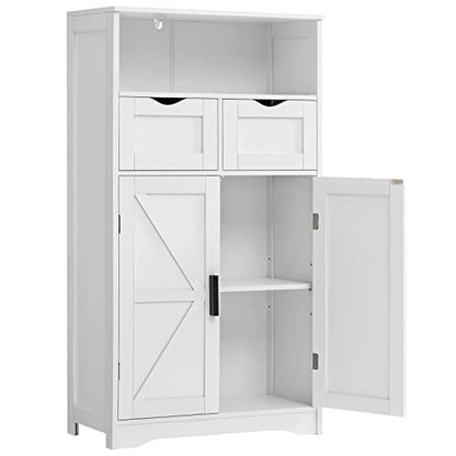 WEENFON Vintage White Floor Cabinet with Barn Doors, 2 Drawers, and Adjustable Shelf for Versatile Home Storage