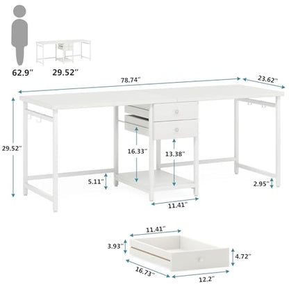 Tribesigns 79 Inch Extra Long Desk, Double Desk with 2 Drawers, Two Person Desk Long Computer Desk with Storage Shelves, Writing Table Study Desk for Home Office, White - WoodArtSupply