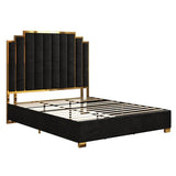 AMERLIFE King Size Upholstered Bed, Modern Velvet Bed Frame with 65.4” Tall Gold Trim Headboard, No Box Spring Needed, Black AMERLIFE