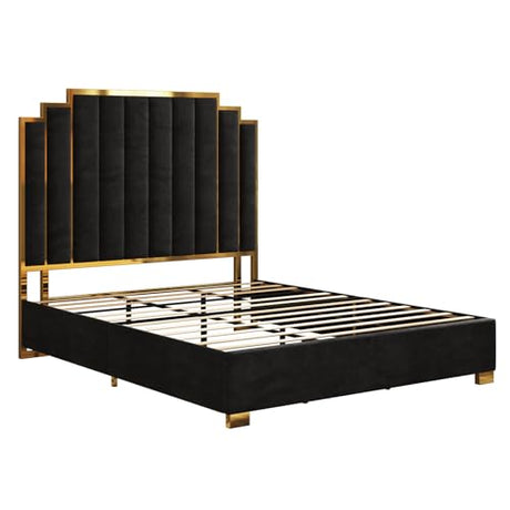 AMERLIFE King Size Upholstered Bed, Modern Velvet Bed Frame with 65.4” Tall Gold Trim Headboard, No Box Spring Needed, Black AMERLIFE