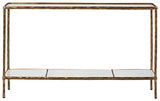 Signature Design by Ashley Ryandale Console Sofa Table, Glass Tabletop, White Marble Lower Shelf, Sand Casted Aluminum, 52" W x 12.5" D x 32.75" H, Antique Brass Finish Signature Design by Ashley