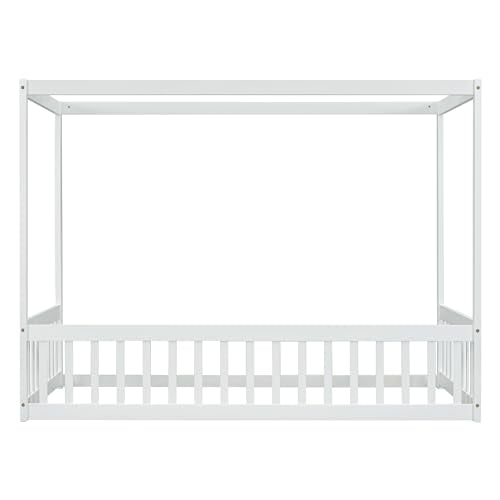 CITYLIGHT Twin Size Wood Canopy Bed with Fence Guardrails,4-Poster Canopy Floor Bed Frame,Low Profile Platform Beds for Kids Girls Boys,White