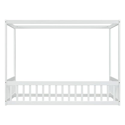 CITYLIGHT Twin Size Wood Canopy Bed with Fence Guardrails,4-Poster Canopy Floor Bed Frame,Low Profile Platform Beds for Kids Girls Boys,White