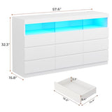 HAUOMS 9 Drawer Dresser for Bedroom with LED Lights, Large Chest of Drawers Handle Free, Modern White Long Dressers with Charging Station,for Living Room,Cloakroom,Entryway HAUOMS
