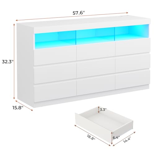 HAUOMS 9 Drawer Dresser for Bedroom with LED Lights, Large Chest of Drawers Handle Free, Modern White Long Dressers with Charging Station,for Living Room,Cloakroom,Entryway - WoodArtSupply