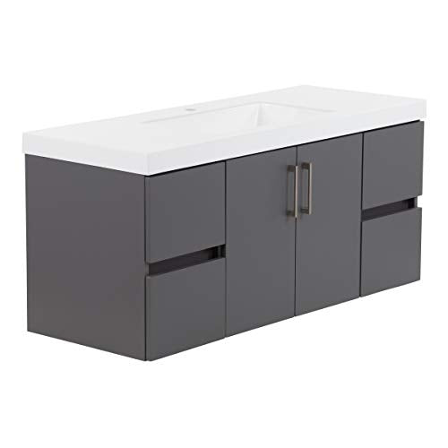 Spring Mill Cabinets Innes 48 Inch Floating Bathroom Vanity with White Single Sink Top, 2-Door Cabinet, 4 Soft-Close Drawers, 48.5" W x 18.75" D x 22.25" H, Cement Spring Mill Cabinets