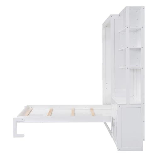HABITRIO Full Size Murphy Bed, Wooden Full Murphy Wall Bed with Multiple Storage Shelves and A Cabinet, White HABITRIO