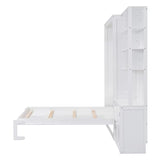 HABITRIO Full Size Murphy Bed, Wooden Full Murphy Wall Bed with Multiple Storage Shelves and A Cabinet, White HABITRIO