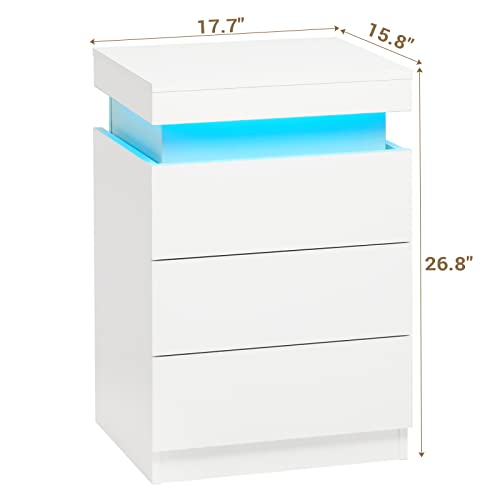 ADORNEVE Nightstand with Charging Station and LED Lights,Night Stand with Sliding Top for Bedroom,Bedside Table with Drawers,Modern End Side Table,White ADORNEVE