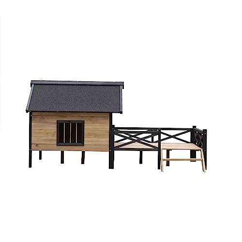 KOZYSFLER Rustic Cabin Style Outdoor Wooden Dog Kennel with Porch, Large Pet House for Dogs