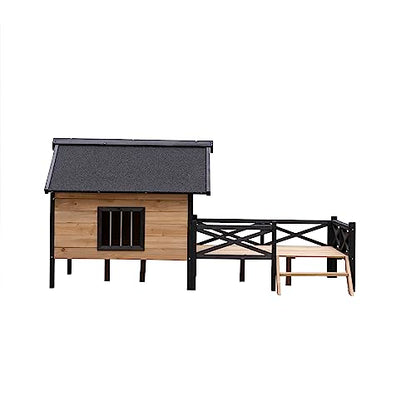 KOZYSFLER Rustic Cabin Style Outdoor Wooden Dog Kennel with Porch, Large Pet House for Dogs