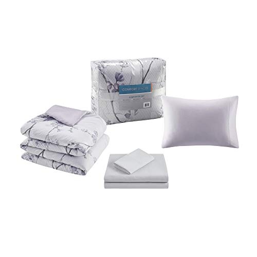 Comfort Spaces Bed in A Bag - Trendy Casual Design Cozy Comforter with Complete Sheet Set with Side Pocket, All Season Cover, Matching Shams Twin XL(66 in x 90 in), Kate, Grey/Purple 6 Piece Comfort Spaces