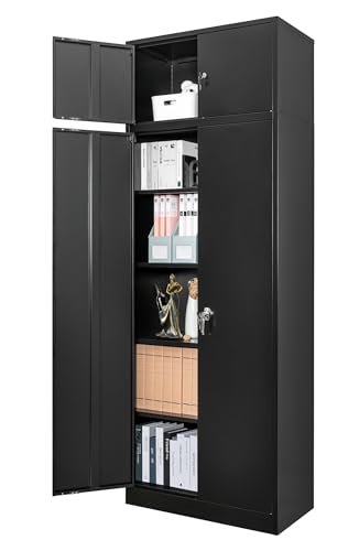 Metal Storage Cabinet, 87" H x 32" W x 16" D Locking Cabinet with Top Cabinet and 4 Adjustable Shelves, Steel Storage Cabinet for Office, Garage, Home-Black - WoodArtSupply