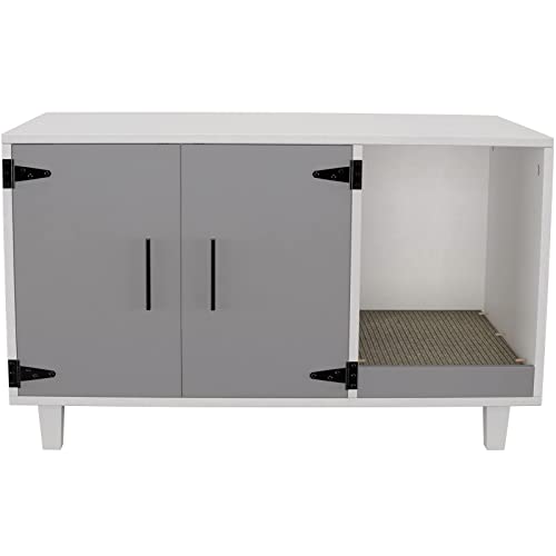 GDLF Modern Wood Pet Crate Cat Washroom Hidden Litter Box Enclosure Furniture House as Table Nightstand with Scratch Pad,Stackable (Gray & White) GDLF