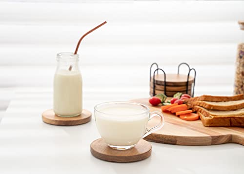 Wood Coasters for Drinks Tabletop Protection with Holder Set of 6, Acacia Wooden Coasters for Coffee Table Dining Table Desk Round with Non-Slip Pad Cup Coasters for Home Office Christmas Decor 4 Inch WLWNWFT