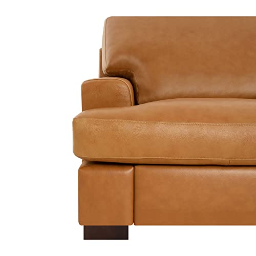 Naomi Home Siggy Genuine Leather Sofa - Luxurious Comfort, Goose Feather Cushion Filling, Square Arm Design, Sturdy Block Legs, Elegant Tan - Ideal for Living Room, Office, or Bedroom Naomi Home