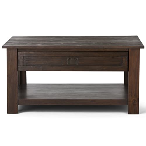 SIMPLIHOME Monroe SOLID ACACIA WOOD 38 Inch Wide Square Rustic Coffee Table in Distressed Charcoal Brown, For the Living Room and Family Room - WoodArtSupply