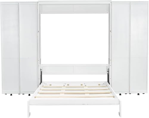 MERITLINE Queen Murphy Bed Cabinet with Storage Bookshelf Bookcase, Wood Hidden Foldable White Murphy Wall Bed with Storage Shelves for Adults MERITLINE