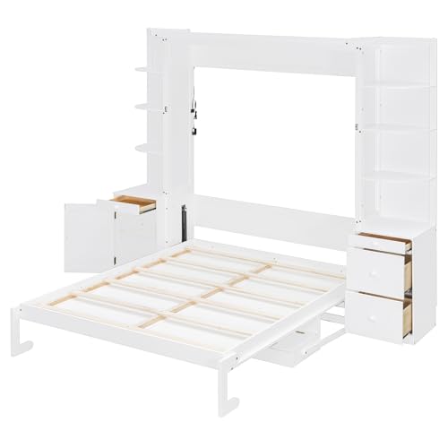 Merax Queen Size Murphy Bed with Desk and Storage, Hidden Foldable Wall Bed with Foldout Workstation, Shelves and Cabinets for Space-Saving Home Office Guest Room, White Merax