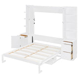 Merax Queen Size Murphy Bed with Desk and Storage, Hidden Foldable Wall Bed with Foldout Workstation, Shelves and Cabinets for Space-Saving Home Office Guest Room, White Merax