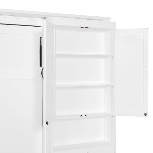 Murphy Bed with Dual Sliding Storage Cabinets, Hidden Wall Cabinet Design, Dual 6-Tier Side Shelves, Large-Capacity Space-Saving Wall Bed System for Modern Homes & Multifunctional Rooms, Full, White Merax
