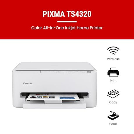 Canon PIXMA TS4320 Wireless Color Inkjet Printer for Duplex Printing, White – Home Printer with Copier/Scanner, Compact Design, Easy Setup, 1 Year Limited Warranty Canon