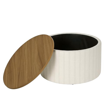 HomePop Modern Fabric Storage Ottoman with Wood Top -Marigold Pinstripe Cream Fabric HomePop