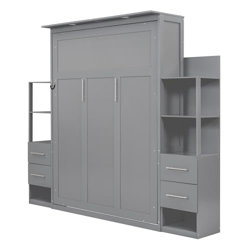 Ball & Cast Wall Bed Queen Size Murphy Beds with 2 Four-Layer Shelves and 4 Drawers,Wood Storage Hideaway Cabinet w/LED Lights,Space-Saving for Home Office,Study,Guest Room,Gray Ball & Cast