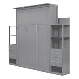 Ball & Cast Wall Bed Queen Size Murphy Beds with 2 Four-Layer Shelves and 4 Drawers,Wood Storage Hideaway Cabinet w/LED Lights,Space-Saving for Home Office,Study,Guest Room,Gray Ball & Cast